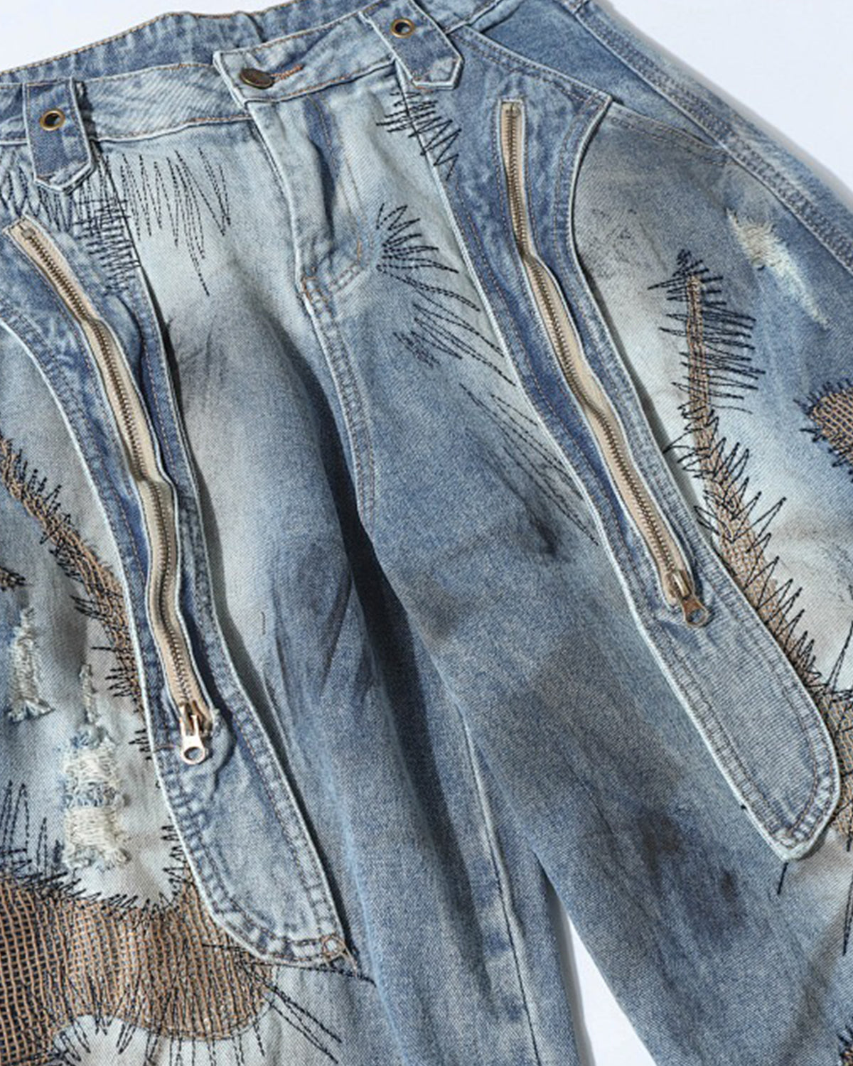 Distressed Patchwork Barrel Jeans | LCDEGO Streetwear