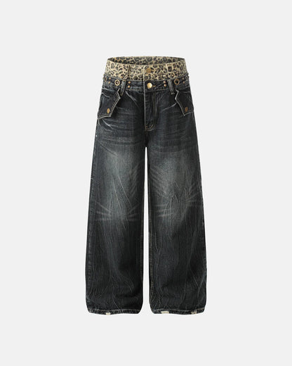 Leopard Pactchwork Double Waist Baggy Jeans | LCDEGO Streetwear