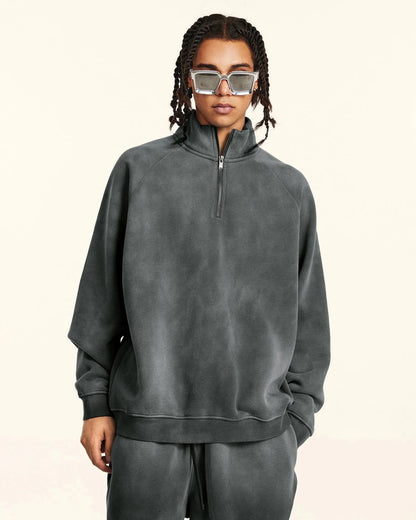 Quarter Zip Up Monkey Washed Sweatshirt | LCDEGO Streetwear