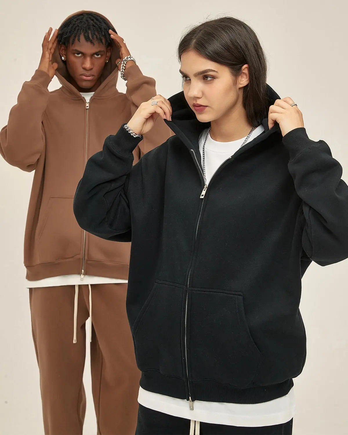 Fleece Double Zip Up Hoodies | LCDEGO Streetwear