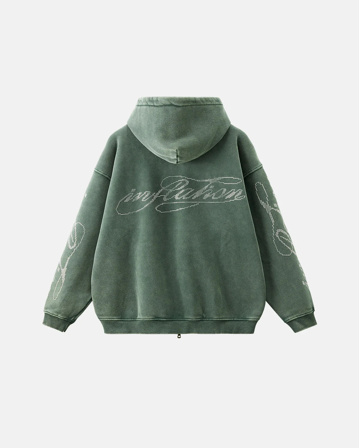 Rhinestone Distressed Washed Zip Up Hoodies | LCDEGO Streetwear
