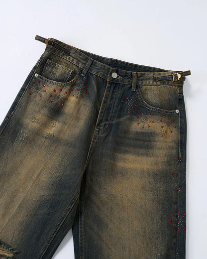 Dirty Wash Rhinestone Baggy Jeans | LCDEGO Streetwear