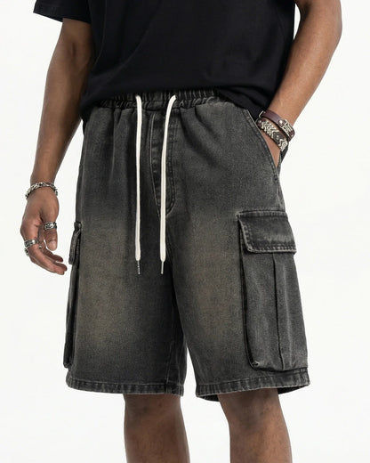 Washed Denim Cargo Shorts with Drawstring | LCDEGO Streetwear