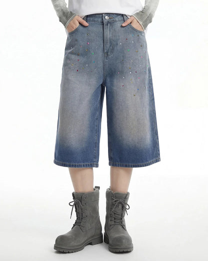 Rhinestone Washed Denim Baggy Jorts | LCDEGO Streetwear