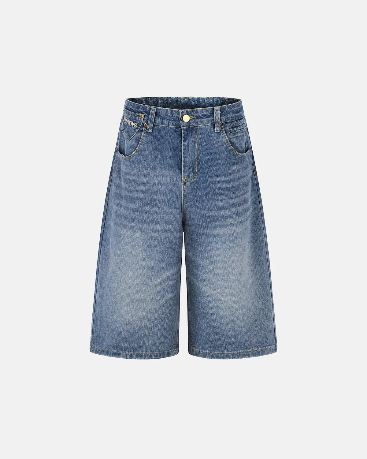 mens denim jorts with back pocket embroidery and vintage wash finish