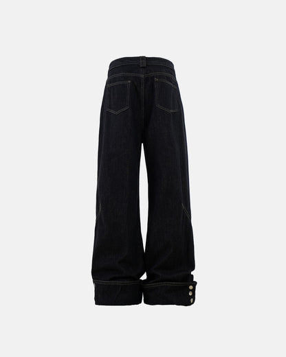 Dark Washed Cuff Detail Wide Leg Jeans | LCDEGO Streetwear