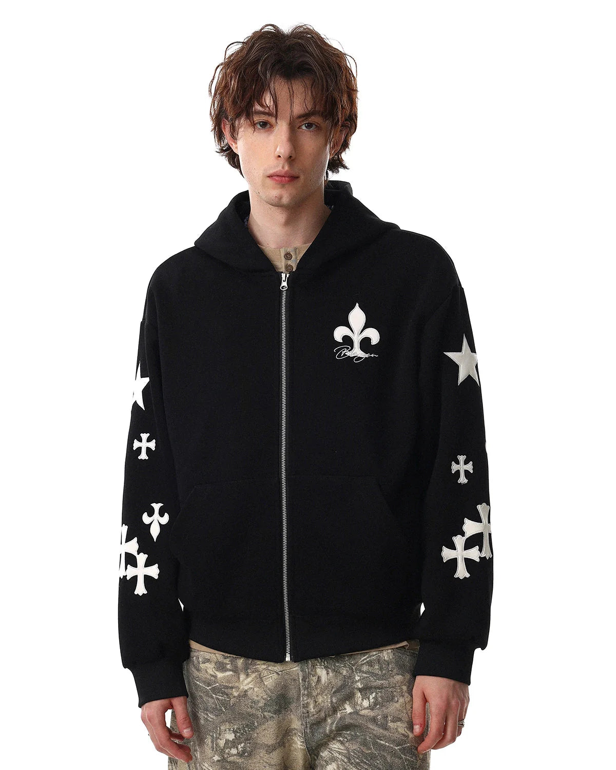 Cross PU Patch Embroidery Zip Up Hoodies | LCDEGO Streetwear