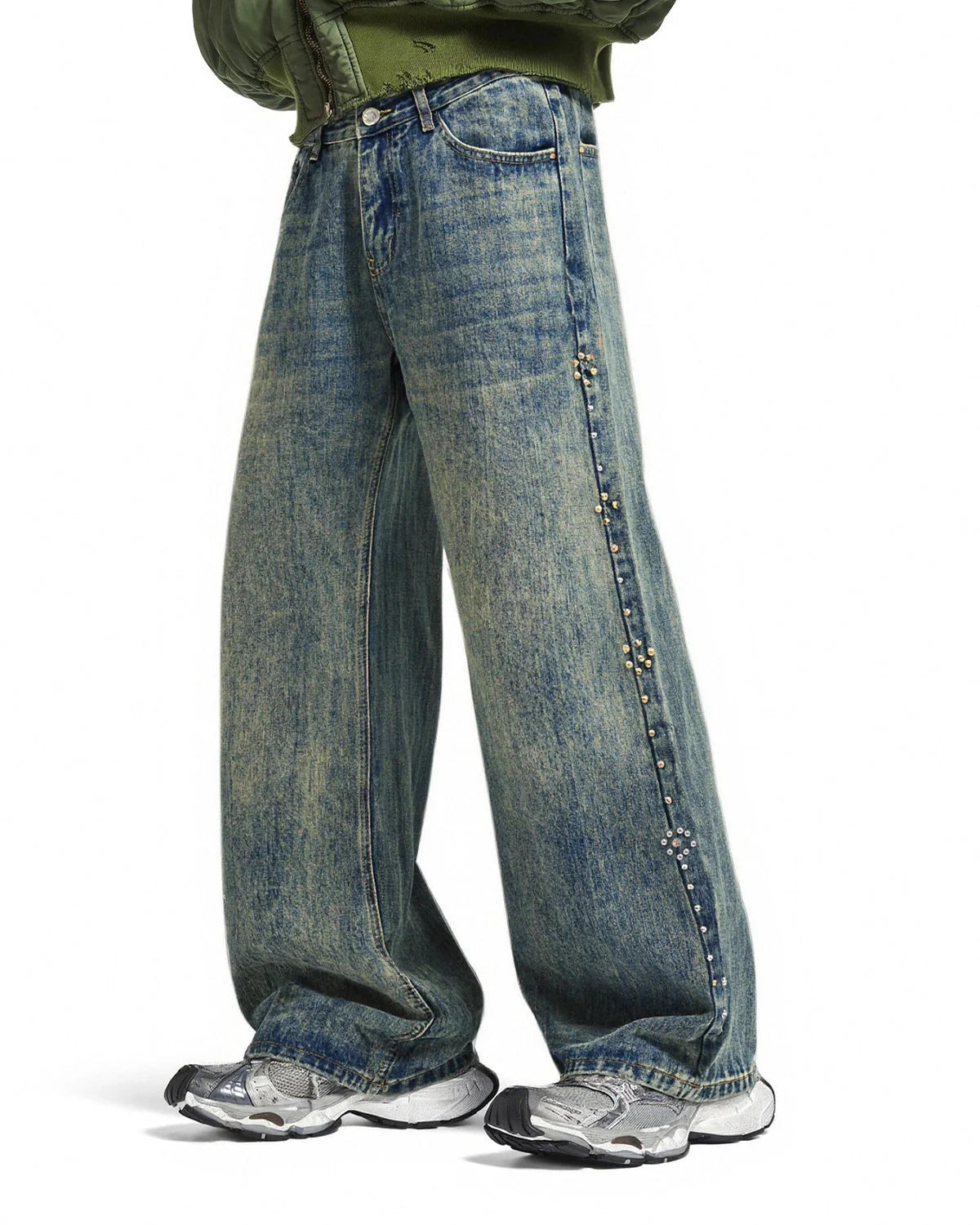 Acid Wash Beaded Studded Flared Baggy Jeans | LCDEGO Streetwear