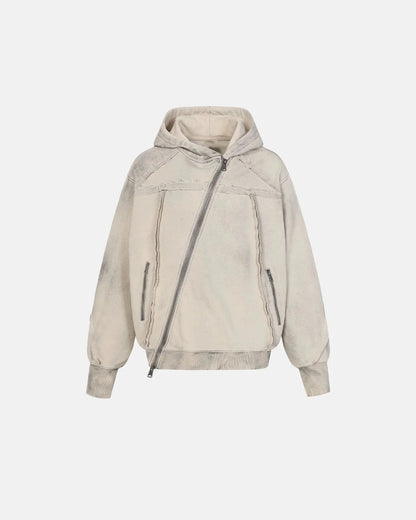 Diagonal Zipper Acid-Washed Hoodie | LCDEGO Streetwear