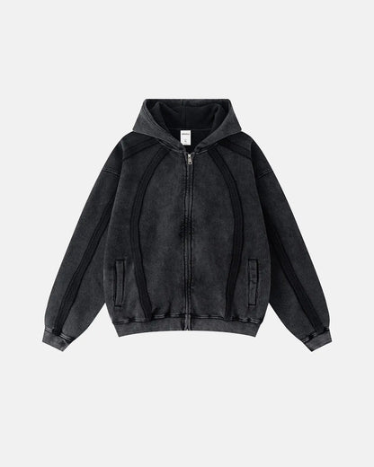 Contrast Stitching Distressed Wash Zip Up Hoodies | LCDEGO Streetwear
