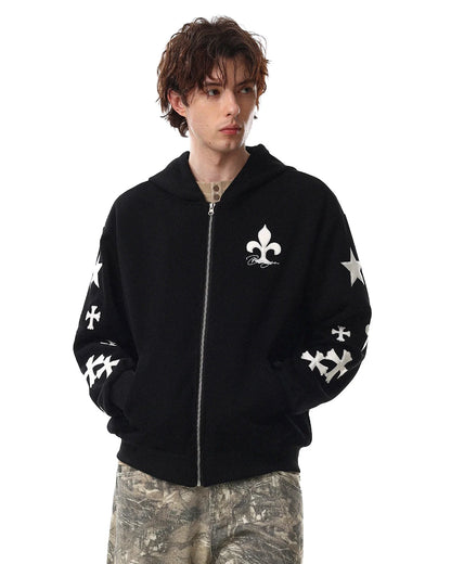 Cross PU Patch Embroidery Zip Up Hoodies | LCDEGO Streetwear