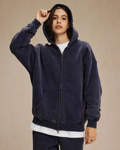 Grey Distressed Acid Wash Zip Up Hoodies | LCDEGO Streetwear
