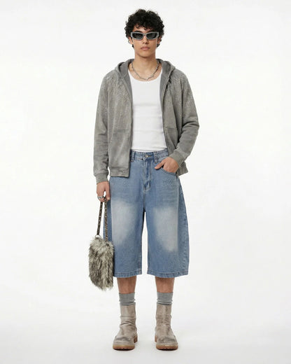 Star Rhinestone Longline Denim Shorts | LCDEGO Streetwear