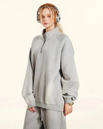 Quarter Zip Up Monkey Washed Sweatshirt | LCDEGO Streetwear