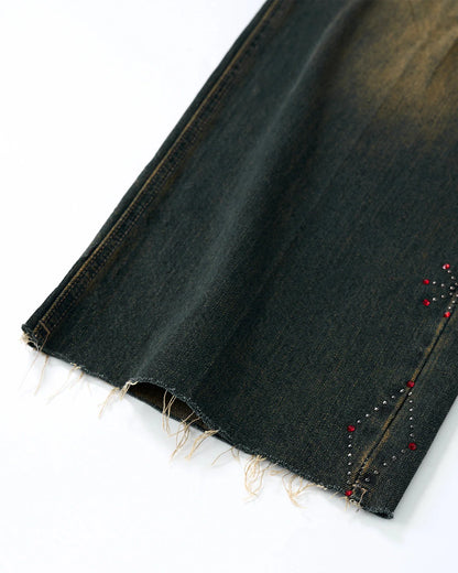 Dirty Wash Rhinestone Baggy Jeans | LCDEGO Streetwear