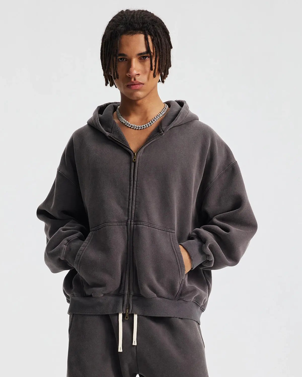Boxy Fit Acid Washed Fleece Zip Up Hoodies | LCDEGO Streetwear