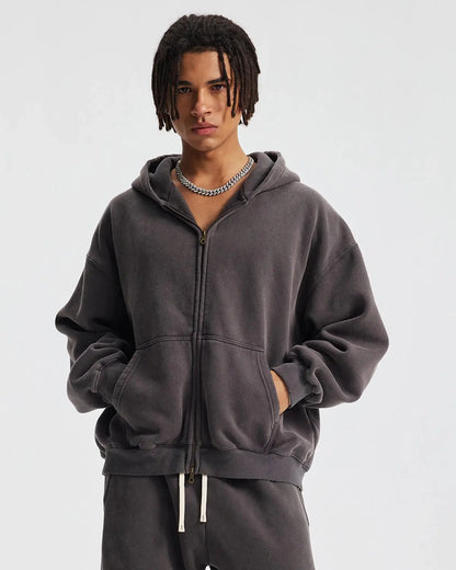 Boxy Fit Acid Washed Fleece Zip Up Hoodies | LCDEGO Streetwear