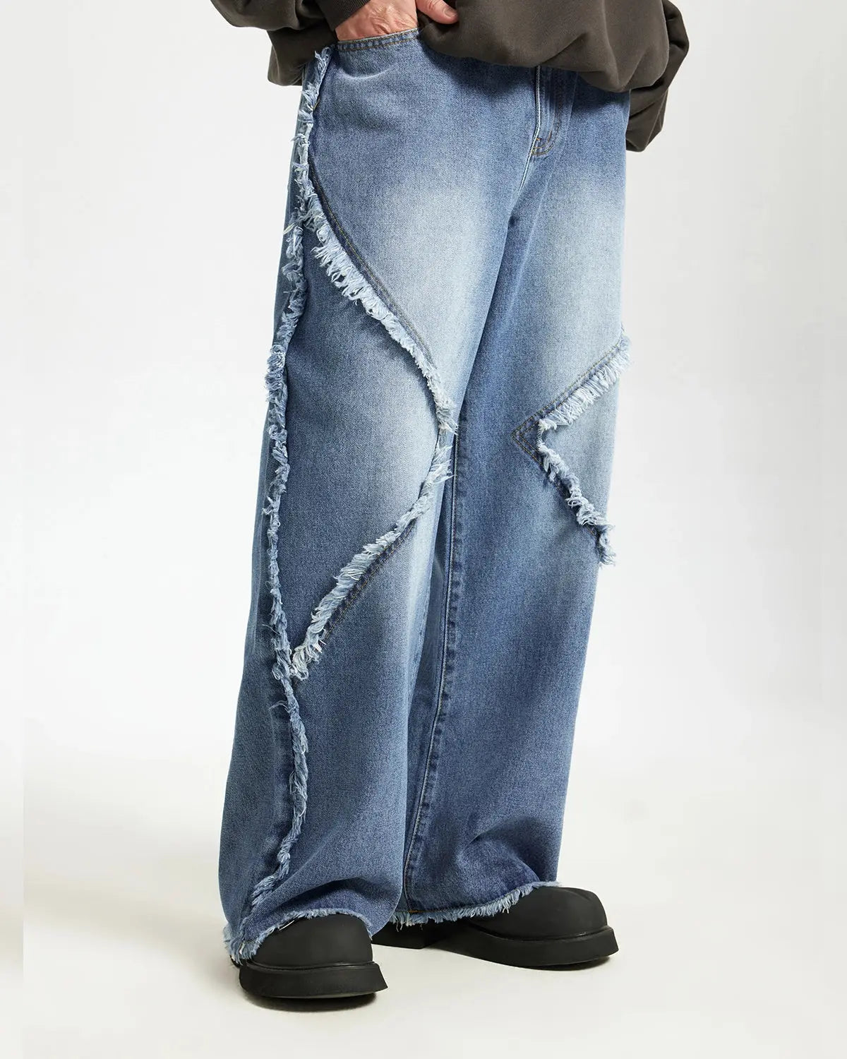 Blue Frayed Acid Wash Pants | LCDEGO Streetwear