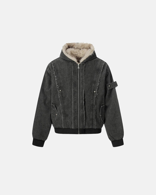 Faux Fur Lined Washed Hooded Jacket | LCDEGO Streetwear