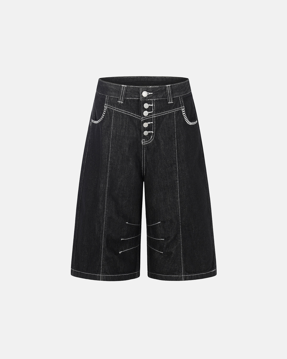deconstructed raw denim jorts with button fly and contrast stitching
