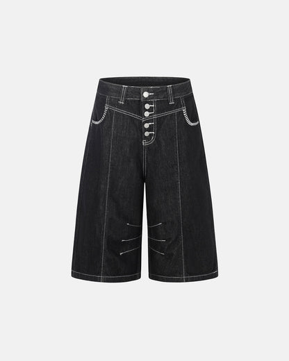 deconstructed raw denim jorts with button fly and contrast stitching