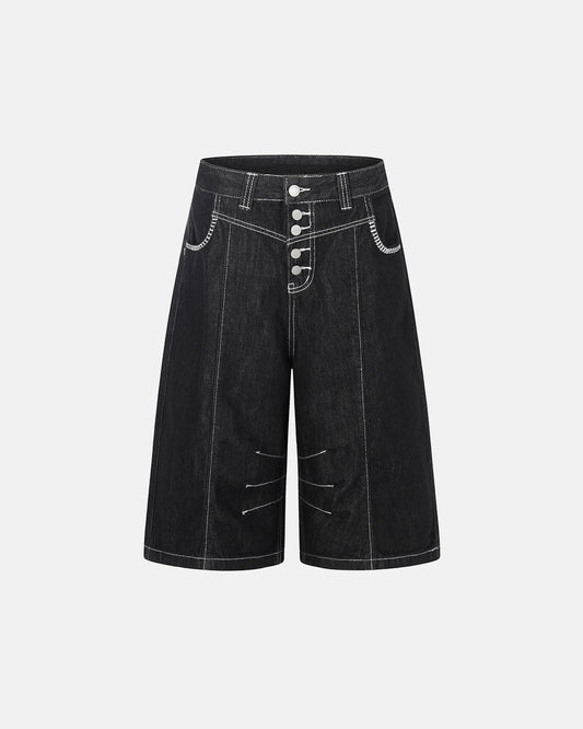 deconstructed raw denim jorts with button fly and contrast stitching
