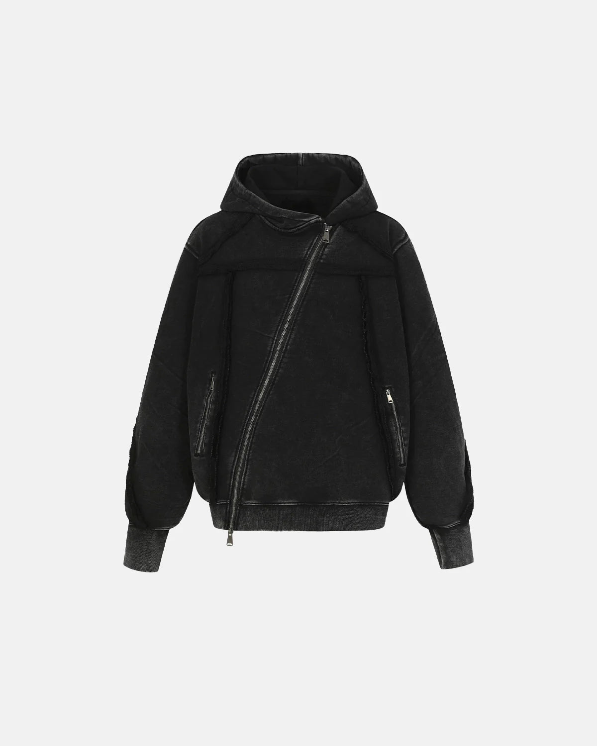 Diagonal Zipper Acid-Washed Hoodie | LCDEGO Streetwear