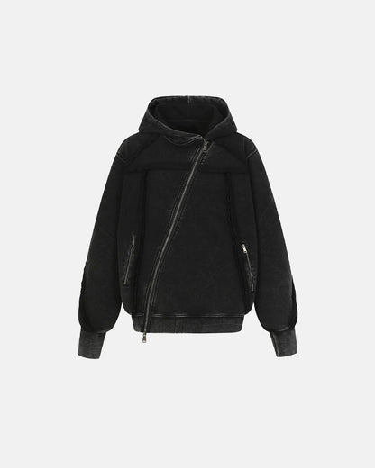 Diagonal Zipper Acid-Washed Hoodie | LCDEGO Streetwear