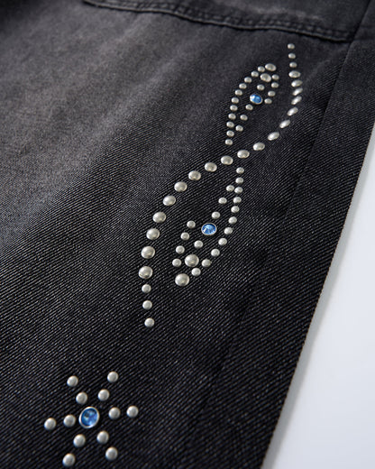 Whiskered Rhinestone Baggy Denim Jeans | LCDEGO Streetwear