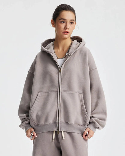 Boxy Fit Acid Washed Fleece Zip Up Hoodies | LCDEGO Streetwear