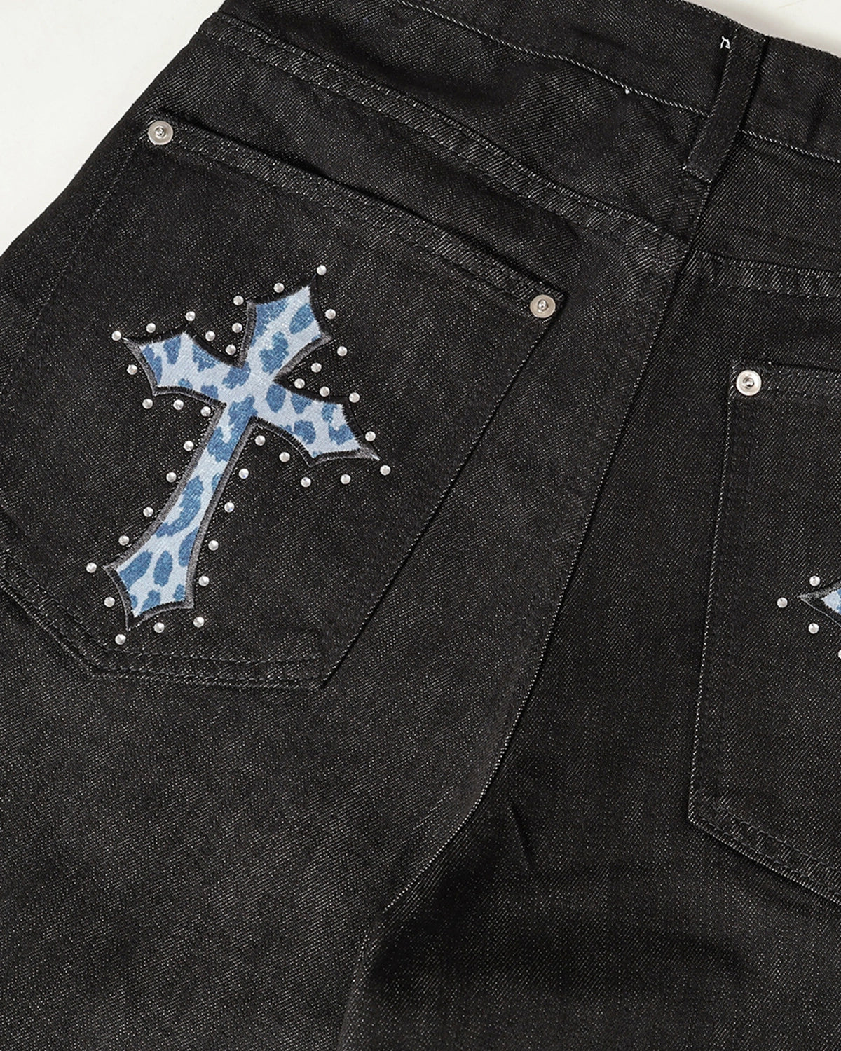 Cross Rhinestone Embroidered Baggy Jeans | LCDEGO Streetwear