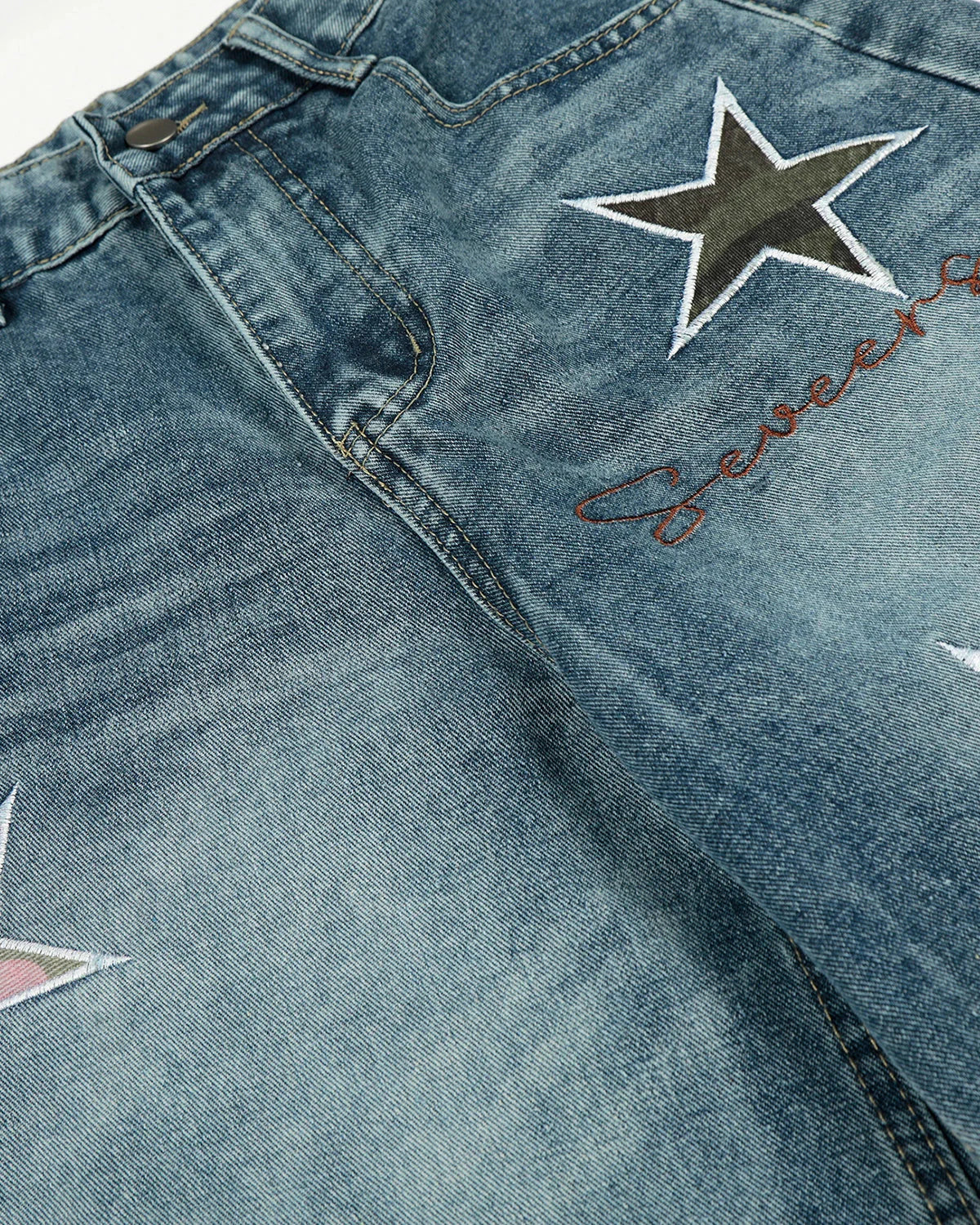 Acid Washed Star Embroidered Barrel Jeans | LCDEGO Streetwear