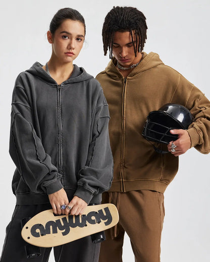 Acid Wash Stitching Zip Up Hoodies | LCDEGO Streetwear