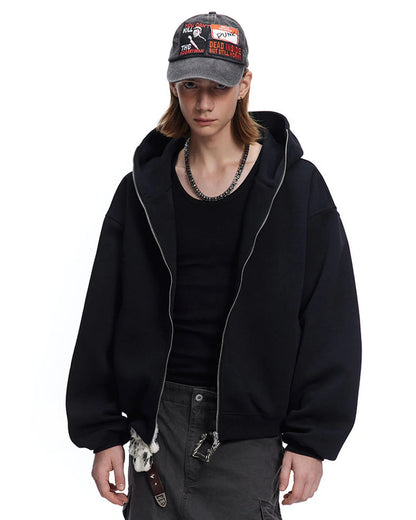 Black Boxy Full Zip Up Hoodies | LCDEGO Streetwear