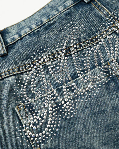 Rhinestone Acid Wash Baggy Jeans | LCDEGO Streetwear