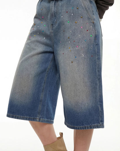 Rhinestone Washed Denim Baggy Jorts | LCDEGO Streetwear
