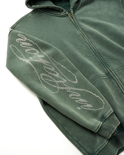 Rhinestone Distressed Washed Zip Up Hoodies | LCDEGO Streetwear