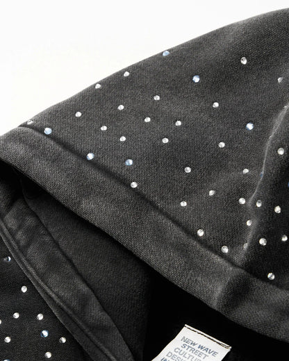Distressed Washed Rhinestone Zip Up Hoodies | LCDEGO Streetwear