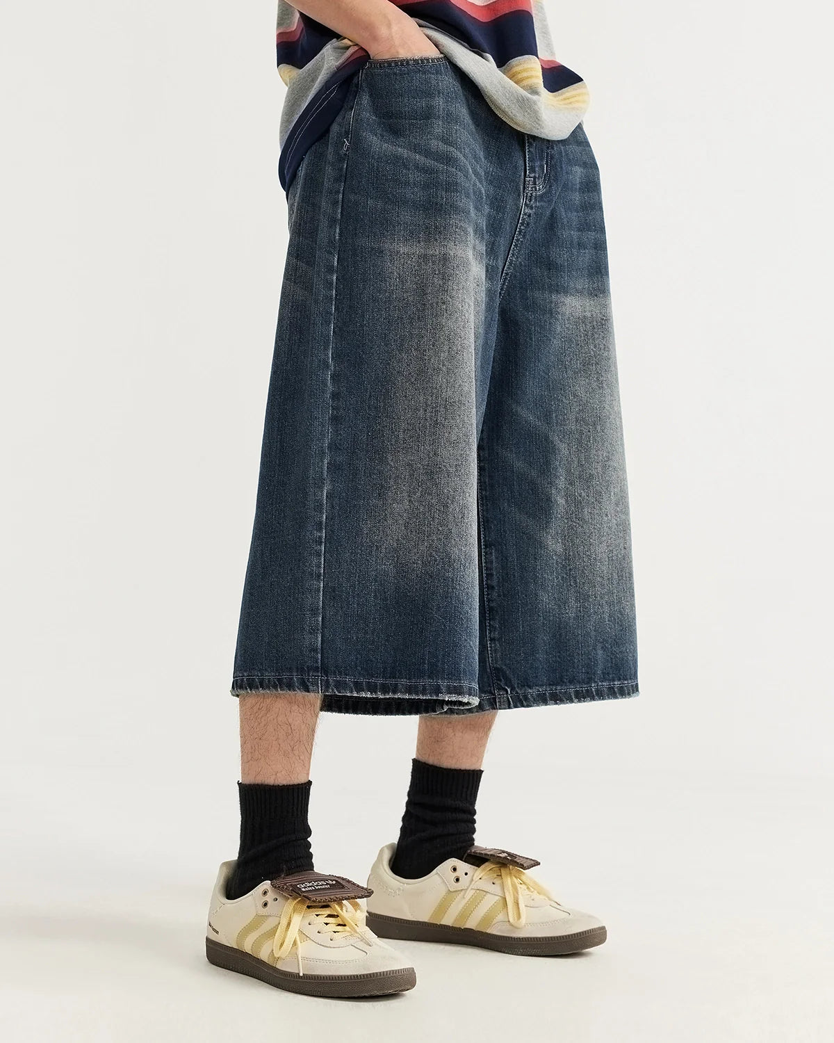 faded black longline denim shorts outfit