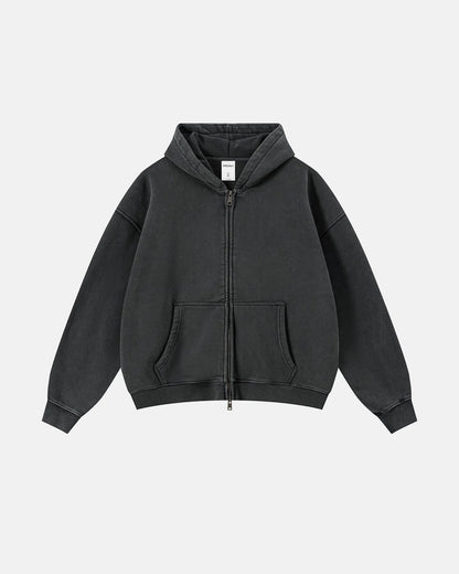 Vintage Washed Fleece Boxy Zip Hoodie | LCDEGO Streetwear