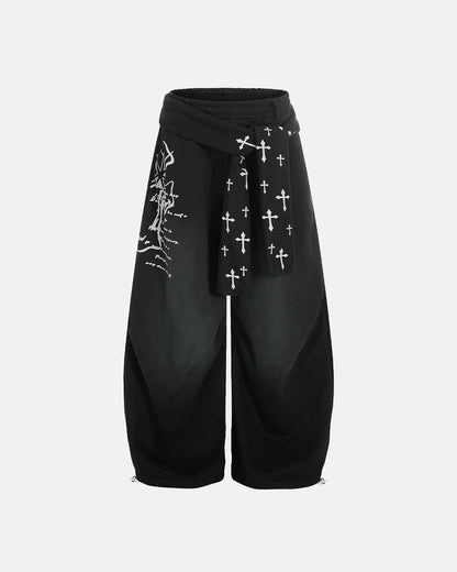 Cross Print Acid Wash Baggy Sweatpants | LCDEGO Streetwear