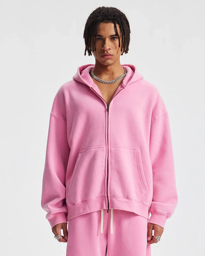 Boxy Fit Acid Washed Fleece Zip Up Hoodies | LCDEGO Streetwear