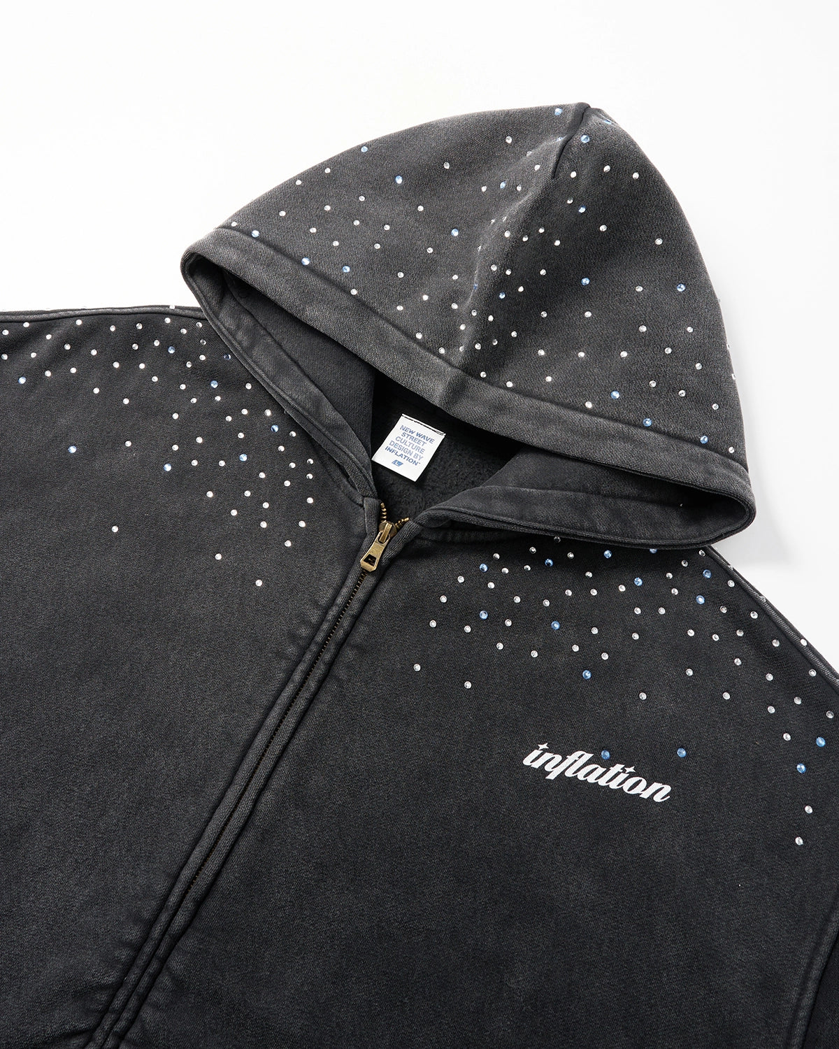 Distressed Washed Rhinestone Zip Up Hoodies | LCDEGO Streetwear
