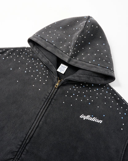 Distressed Washed Rhinestone Zip Up Hoodies | LCDEGO Streetwear