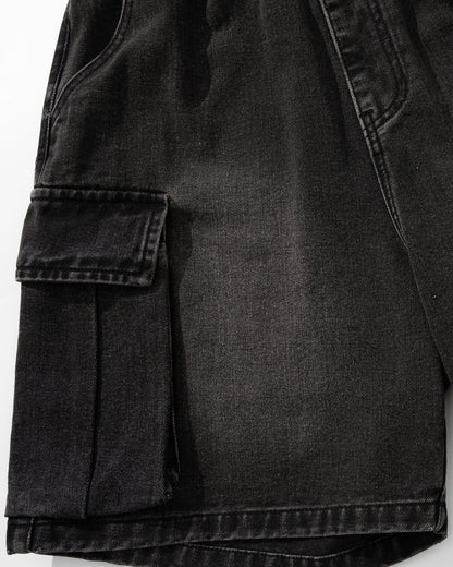 Washed Denim Cargo Shorts with Drawstring | LCDEGO Streetwear