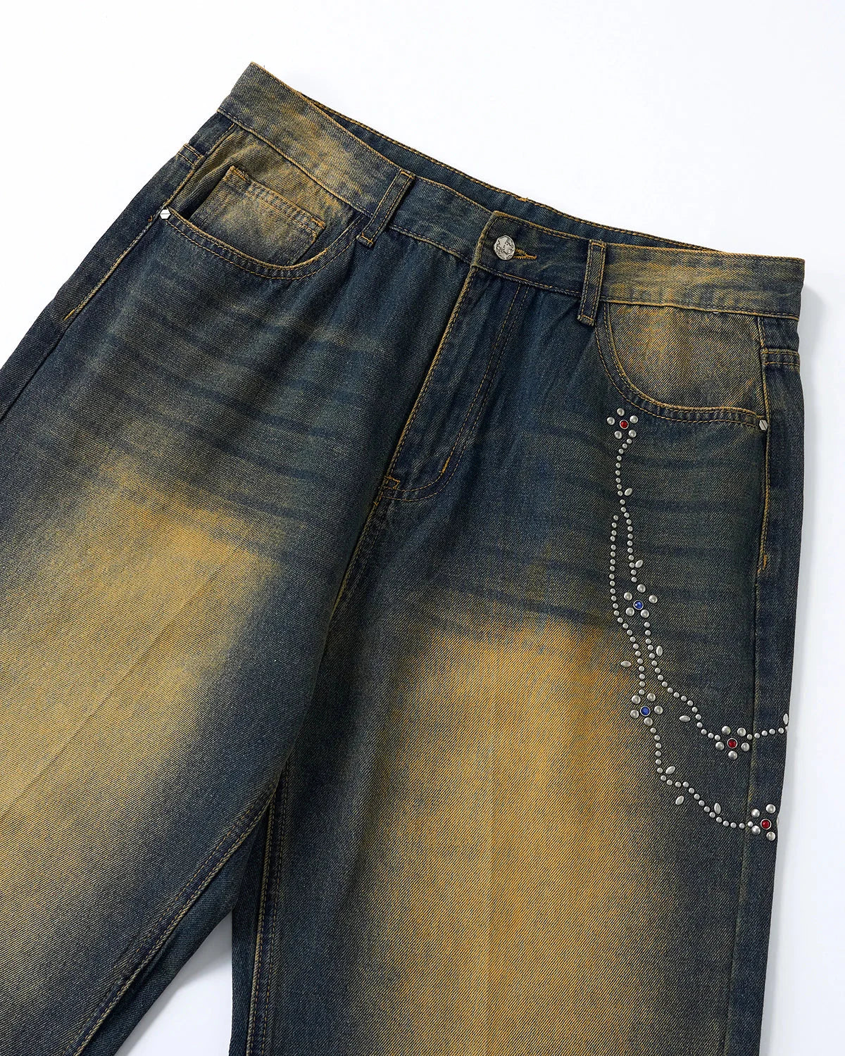Acid Wash Rhinestone Chain Baggy Jeans | LCDEGO Streetwear