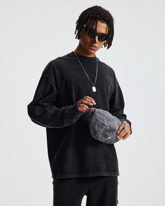 Distressed Aicd Wash Oversized  Long Sleeve Tees | LCDEGO Streetwear