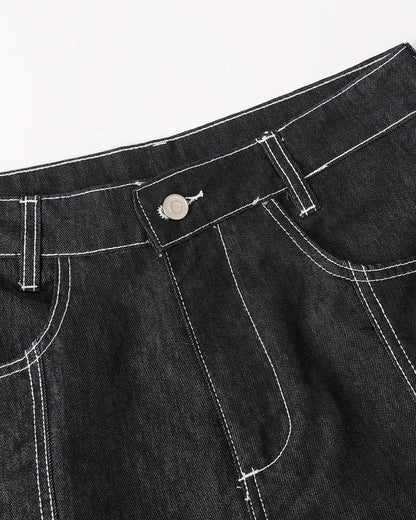 dark denim straight-leg jeans with structured fit and minimalist streetwear design
