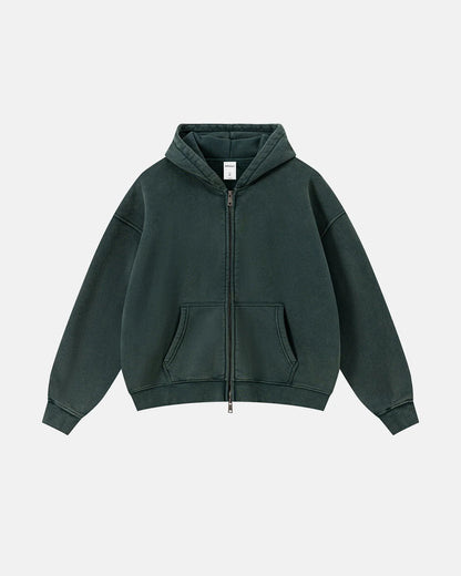 Vintage Washed Fleece Boxy Zip Hoodie | LCDEGO Streetwear