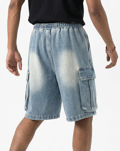 Washed Denim Cargo Shorts with Drawstring | LCDEGO Streetwear